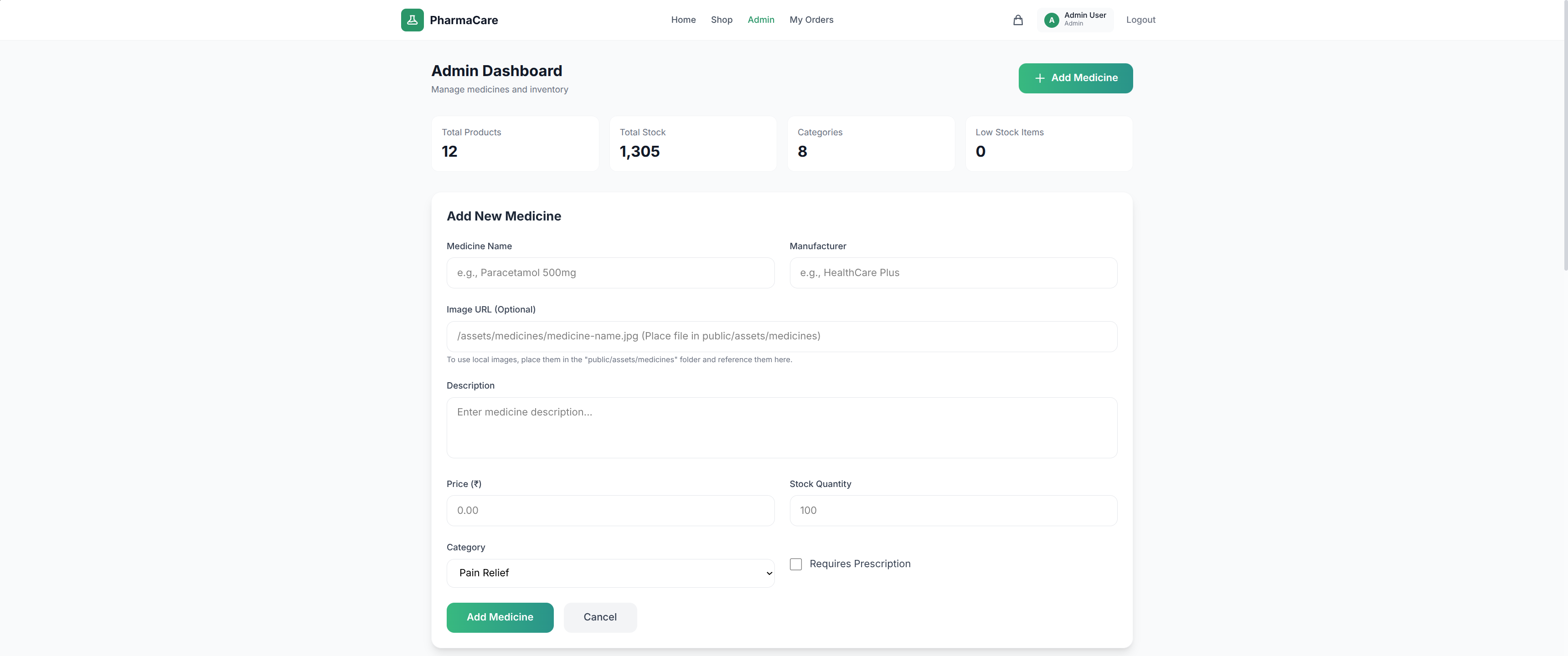 Admin dashboard